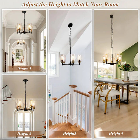 Modern Farmhouse 5 Light Chandelier For Dining Room And Kitchen Island Dope Industrial Black Pendant Lighting With Glass Shades Adjustable Height Hanging Ceiling Light Fixture For Living Room in various room settings, showcasing adjustable height.