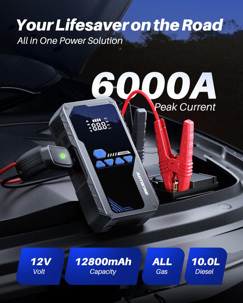 Beefy 6000A Jump Starter With Air Compressor And Tire Inflator Portable Car Jump Box illustrating peak current display.