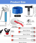 No Hassle Pro Airless Paint Sprayer Kit With 3600 PSI Pump And Fifty Foot Reinforced Hose Including Six Swappable Tips and Extension Rods showing product dimensions.