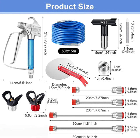 No Hassle Pro Airless Paint Sprayer Kit With 3600 PSI Pump And Fifty Foot Reinforced Hose Including Six Swappable Tips and Extension Rods showing product dimensions.