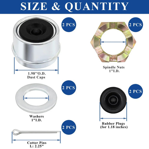 Two Sets Of 10 Pcs 1 Inch Spindle Castle Nuts Kit With Washers, 2.25 Inch Cotter Pins, 1.98 Inch Dust Caps And Rubber Plugs For 1 Inch Shaft Trailer Axle EZ Lube System, Includes All Replacement Hardware For Easy Install, showing nuts, washers, dust caps, cotter pins, and plugs