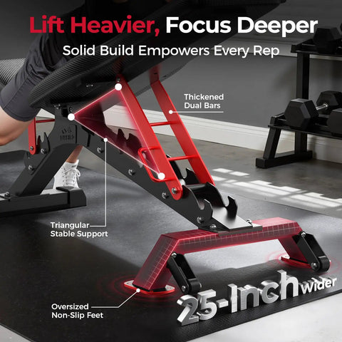 Heavy Duty Adjustable Weight Bench For Home Gym 1300Lbs Capacity Flat To Incline Bench Press with 34 Inch Extra Long Backrest