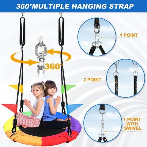 Cool Kids Saucer Tree Swing For Backyard Fun Waterproof 900D Oxford Platform Round Flying Saucer With Adjustable Ropes Safe Outdoor Swing Gear For 12 Year Olds Easy Setup And Durable Construction For Summer Play showing kids on swing with hanging straps.