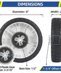 Beefed Up 8 Inch Rear Drive Wheels For Toro Recycler Mowers Replacement Gear Assembly, front and side view with dimensions.