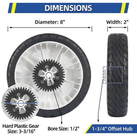 Beefed Up 8 Inch Rear Drive Wheels For Toro Recycler Mowers Replacement Gear Assembly, front and side view with dimensions.
