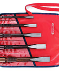 Five Piece Beefy Super Duty Chisel Set With S2 Steel For Beefy Strength displayed in a red roll pouch, ideal for carpentry and demolition.