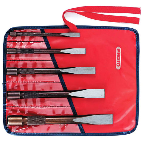 Five Piece Beefy Super Duty Chisel Set With S2 Steel For Beefy Strength displayed in a red roll pouch, ideal for carpentry and demolition.