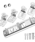 Sliding Closet Door Roller Kit With Floor Guide For Top Hung Wardrobe Doors Replacement Hardware Includes Track And Adjustable Guides Fits Three Quarters Of An Inch To One And Three Eighths Inches Doors displayed, showing metal rollers and floor guide with screws