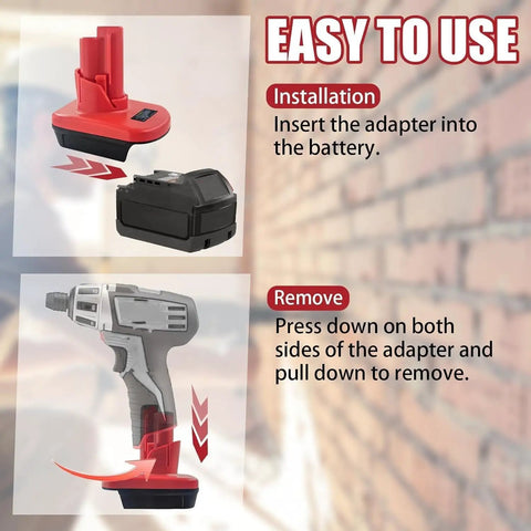 M18 To M12 Battery Adapter For Milwaukee 18V Tools installation and removal instructions on wall background.