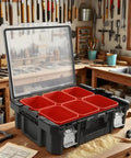 Six Tray Tool Box Organizer With Transparent Cover And Stackable Design, Detachable, Side Card Locks, Large Exterior, workshop setting