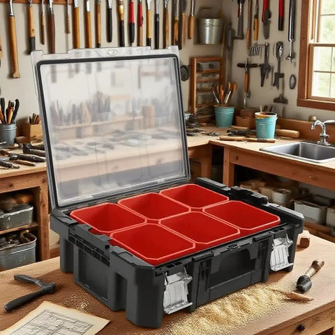 Six Tray Tool Box Organizer With Transparent Cover And Stackable Design, Detachable, Side Card Locks, Large Exterior, workshop setting