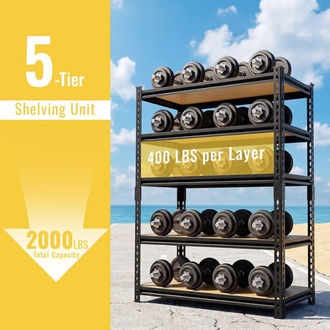 Rock Solid Heavy Duty Garage Shelving Rack Featuring Five Tough Adjustable Steel Shelves With Hella Heavy Load Rating For Total Storage Flexibility And Zero Hassle Organizing In Any Shed Barn Or Basement