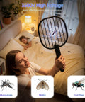 Woman using Ultimate 3500V Bug Zapper Handheld Electric Fly Swatter with 5 Layer Protection Grid indoors with child nearby.