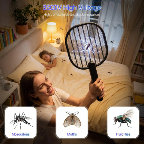 Woman using Ultimate 3500V Bug Zapper Handheld Electric Fly Swatter with 5 Layer Protection Grid indoors with child nearby.