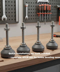 Heavy Duty M6 Furniture Leveling Feet Squash The Wobbles Off Tables Cabinets And Workbenches Quick With Swivel Nylon Bases and sturdy steel bolts on a workbench.