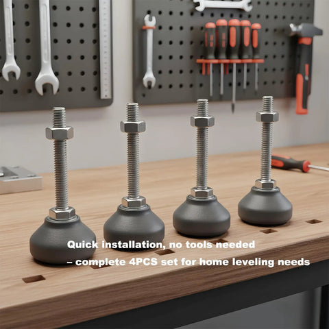 Heavy Duty M6 Furniture Leveling Feet Squash The Wobbles Off Tables Cabinets And Workbenches Quick With Swivel Nylon Bases and sturdy steel bolts on a workbench.