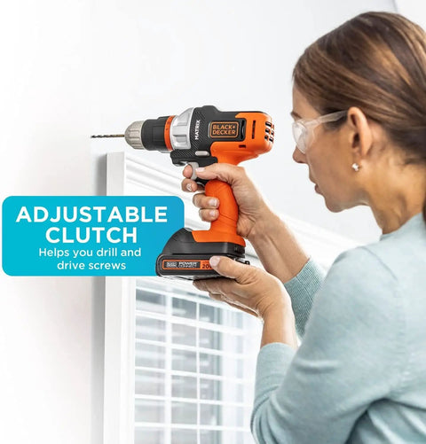 Person using 20V Max Matrix Cordless Drill And Driver Kit With Battery Included for home improvement, adjustable clutch visible.