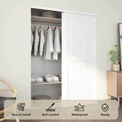 Double 72 Inch By 80 Inch K Style Sliding Closet Door With Hardware Kit And Matching Fascia Preassembled Solid Wood Slab With Waterproof PVC Surface Easy Install White Finish For Modern Closets shown in living room setting.