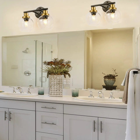 Bathroom with 2 Light Vanity Fixture With Clear Globe Shade Black And Gold Finish Modern Wall Sconce Vintage Mid Century Vibe