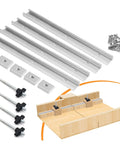 Heavy Duty Aluminum T Slot Miter Track Jig Set Pro Grade Strength Easy Install for Woodworking Projects Durable Aluminum Alloy Construction Perfect for Router Tables and Saw Guides 4 Pack Silver, showing aluminum tracks, T connectors, screws, and sample setup.