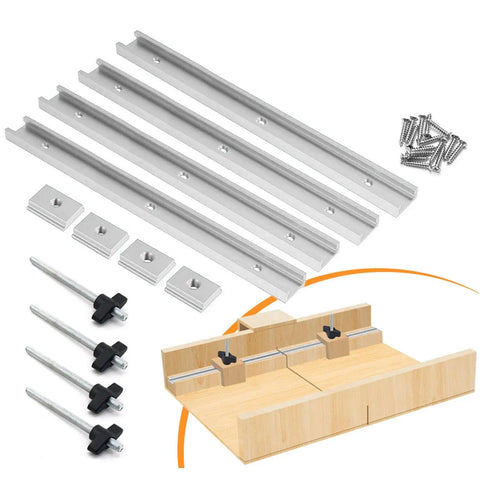 Heavy Duty Aluminum T Slot Miter Track Jig Set Pro Grade Strength Easy Install for Woodworking Projects Durable Aluminum Alloy Construction Perfect for Router Tables and Saw Guides 4 Pack Silver, showing aluminum tracks, T connectors, screws, and sample setup.