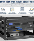 6U Wall Mount Open Frame Rack 13.3 To 18 Inch Adjustable Depth Black Standard 19 Inch compatible cabinet for network equipment.