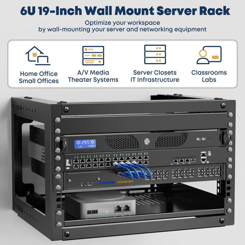 6U Wall Mount Open Frame Rack 13.3 To 18 Inch Adjustable Depth Black Standard 19 Inch compatible cabinet for network equipment.