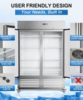Heavy Duty Two Door Upright Commercial Freezer In Stainless Steel featuring eight adjustable shelves and user-friendly design.