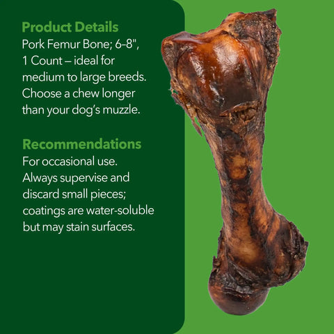 Real Chewz Pork Femur Bone Dog Chew 6 To 8 Inches Oven Baked Single Ingredient All Natural No Preservatives Additives