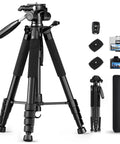 Beefy Heavy Duty Aluminum Camera Tripod With 19 To 75 Inch Extendable Height and accessories, including carry bag and phone holder
