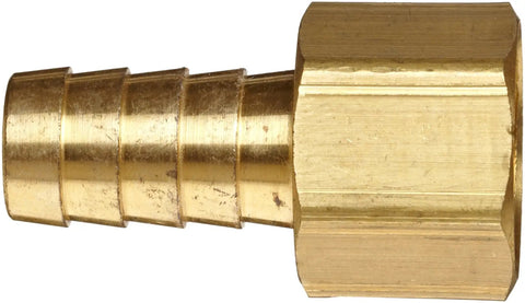 Beefy Brass Hose Fitting Adapter One Quarter Inch Barb To Three Eighths Inch Female Pipe Thread Hose To Pipe Connector close-up side view