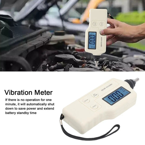 Pro Grade Handheld Digital Vibration Meter Tester checking engine vibrations with display screen in hand outdoors.