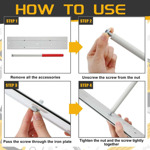 Steps to assemble 15 Inch Sheet Metal Bender Tool for HVAC Ductwork and Standing Seam Roofing Panels, showing screw tightening process.