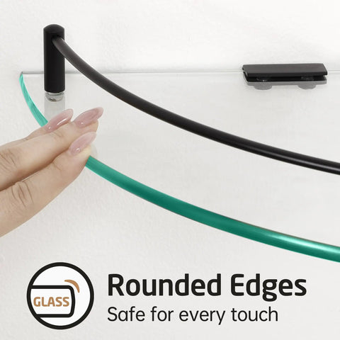 Tempered Glass Corner Shelf With Rail Mount Two Pack No Fuss Rustproof Matte Black Stainless Steel 304 Wall Shelf 7mm Thick Glass.