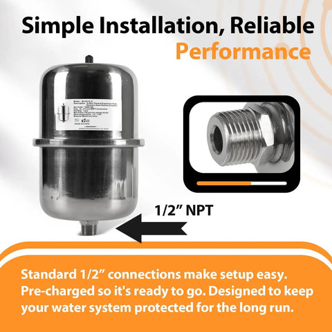 Pro Grade 2L Mini Thermal Expansion Tank With Half Inch Male Pipe Thread Tough As Nails Stainless Steel Body Built Different For Water Heater Protection And Zero Friction Pressure Relief In Tight Spots, showing standard 1/2" NPT fitting.