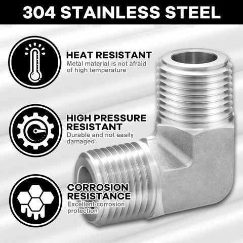 304 stainless steel 90-degree street elbow pipe fitting, 1/4 in NPT male on each end, 2-pack