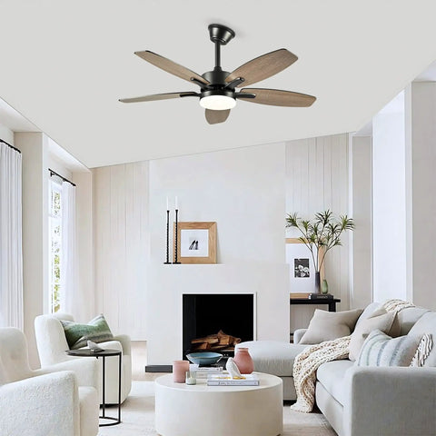 Neojoyoenix 42" 5PCS Plywood Blades Ceiling Fan with Lights Remote Control,Quiet DC Motor s 6 Speed Levels,Reversible,for Patio Living Room, Bedroom, Office,Indoor.(Matte Black) installed in a modern living room.
