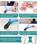 Instructions for using crimping tool from All In One Wire Rope Kit With One Eighth Inch Stainless Steel Cable And One Hundred Feet Long