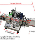 Fully Automatic Round Bottle Labeling Machine With Smooth Operator Touch Interface And Reliable Auto Correction Delivers No Sweat Plug And Play Production At 20 To 30 Pieces Per Minute For Pro Shops, showing dimensions and labeled parts.