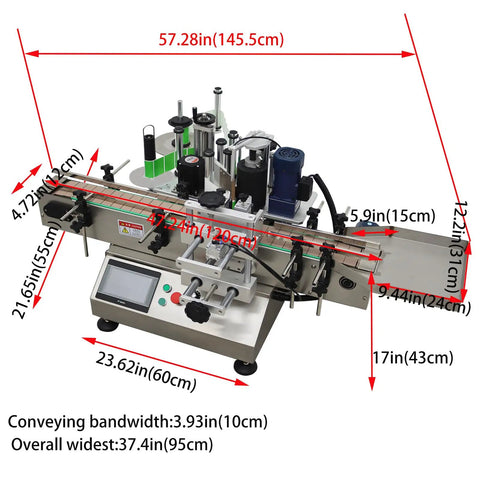 Fully Automatic Round Bottle Labeling Machine With Smooth Operator Touch Interface And Reliable Auto Correction Delivers No Sweat Plug And Play Production At 20 To 30 Pieces Per Minute For Pro Shops, showing dimensions and labeled parts.
