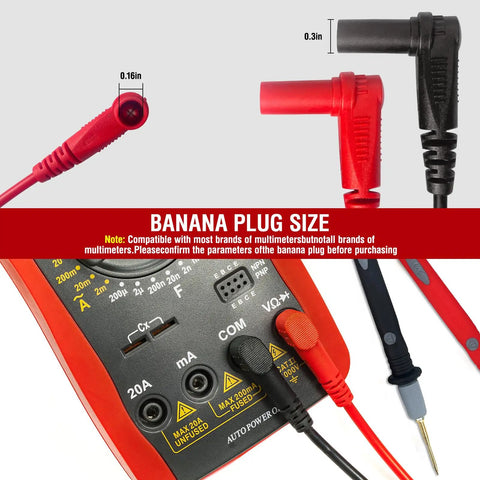 Close-up of banana plug size detail in Long Silicone Multimeter Test Leads Kit With 56 Inch Flexible Probes 1000V 20A Safety Rated