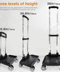 Foldable Aluminium Alloy Wheeled Backpack Trolley with Edge Guard Base, adjustable height for school and travel, showing three size options.