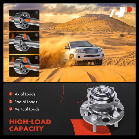 Display of rear wheel bearing and hub assembly 5 lug for Honda CRV 2007 to 2011 with axial, radial, and vertical load details.