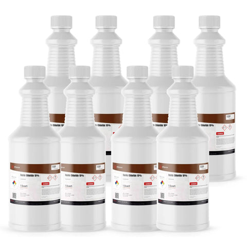 Bottles of Ferric Chloride Ten Percent Solution For PCB Etching, Water Treatment, And Wastewater Coagulation in 2-Gallon Pack