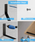 Installation guide for 6 Pack Heavy Duty 12 Inch Black L Shelf Brackets for Floating Shelves, showing steps from marking to mounting.
