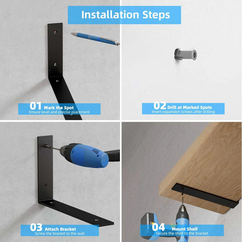 Installation guide for 6 Pack Heavy Duty 12 Inch Black L Shelf Brackets for Floating Shelves, showing steps from marking to mounting.