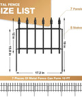 Heavy Duty Decorative Garden Fence Set, 10 Ft Long By 19 In High, 7 Panels, Rustproof Metal Border For Outdoor Yard And Flower Beds, Easy Snap Circle Connections For Quick Setup shown with measurements.