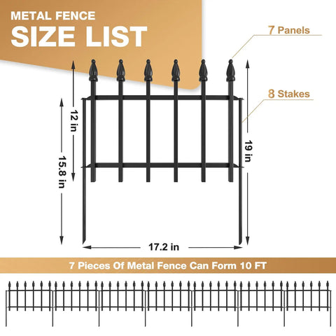 Heavy Duty Decorative Garden Fence Set, 10 Ft Long By 19 In High, 7 Panels, Rustproof Metal Border For Outdoor Yard And Flower Beds, Easy Snap Circle Connections For Quick Setup shown with measurements.