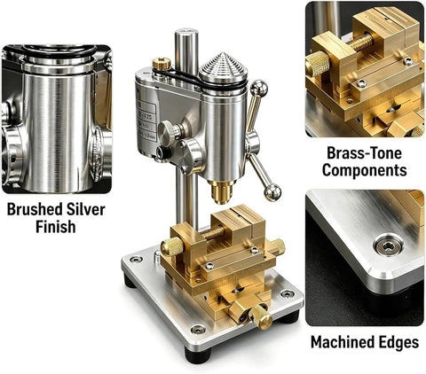 Precision Mini Watch Drill Press With Variable Speed For Jewelry Making And Repair showcasing brushed silver finish and brass-tone components.