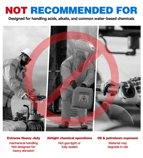 Image showing hazards not recommended for Hardcore Double Dipped Neoprene Rubber Chemical Gloves Built Like A Tank For Heavy Duty Acid Alkali Hazmat Protection.
